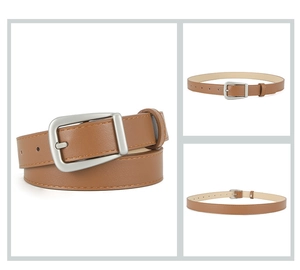 Detail view of a brown PU leather belt for women featuring a classic silver metal buckle