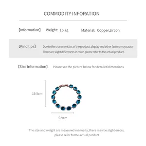 Detailed size chart for blue zircon oval link bracelet with copper material specs