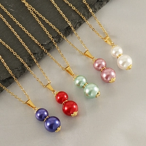 Gourd Pendant Necklace Stainless Steel 18K Gold Plated Double Faux Artificial Pearl Elegant Minimalist Fashion Jewelry For Women