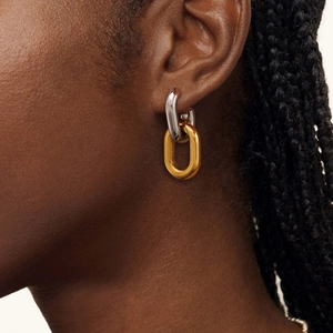 Boucles d'oreilles bicolores en acier inoxydable portées par un mannequin au style épuré