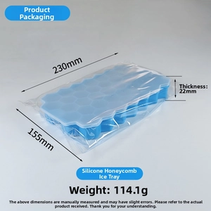 Blue silicone honeycomb ice tray detail showing 230mm by 155mm dimensions and weight