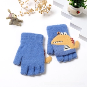 Detail of blue knitted kids' convertible gloves with a yellow dinosaur pattern design