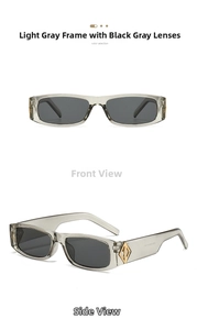 Detail view of rectangular grey sunglasses with bold frames and golden diamond accents