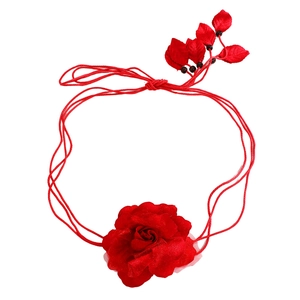 Women's chiffon belt with large red fabric flower, elegant tassel and ethnic style knot