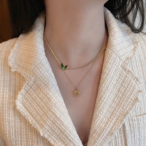 Golden double layer choker necklace with green butterfly and vintage round pendant