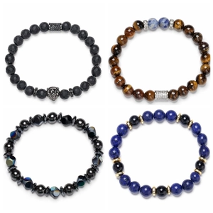 Natural Tiger Eye Agate Stone Beaded Bracelet With Copper Lion Head Elastic Charm Jewelry For Men And Women