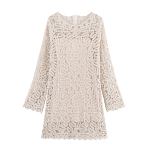 Robe À Manches Longues En Crochet Pour Femmes Et Doublure En Satin Fente Latérale Ajourée Élégante Crème Polyester
