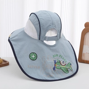 Kids wide brim sun hat with neck flap and breathable mesh in light blue airplane design