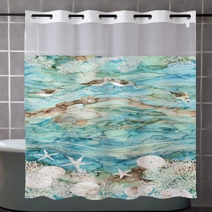 Detailed view of marine themed shower curtain with watercolor sea birds and shells print