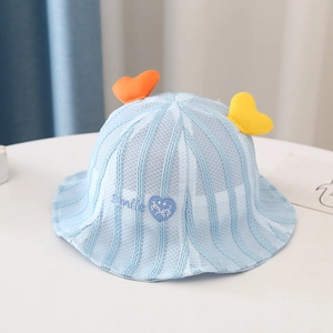 Detail of baby sun hat with light blue mesh, heart patches, and Smile embroidery