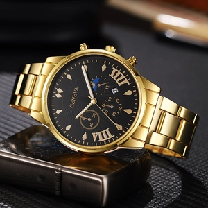 Close-up of Geneva gold steel watch with black chronograph dial on a premium dark texture