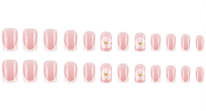 Detail view of 24pcs pink French press-on nails with white floral patterns and gold accents