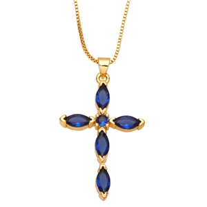 Golden cross necklace featuring marquise-cut deep blue zircon stones on a classic box chain