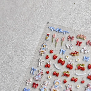 3D Embossed Nail Art Stickers Retro Japanese Style Strawberry Cat Girl PET DIY Decorative Decals For Women