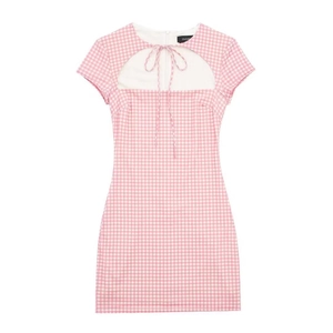Women's Pink Gingham Short Sleeve Mini Dress Sexy Cutout Lace Up Bodycon Slim Fit Summer Plaid Sweet Casual Dress
