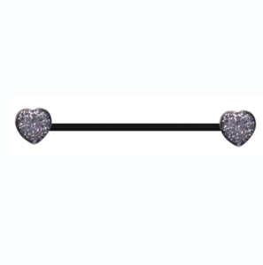 Detail of black industrial barbell with heart-shaped ends and sparkling crystals