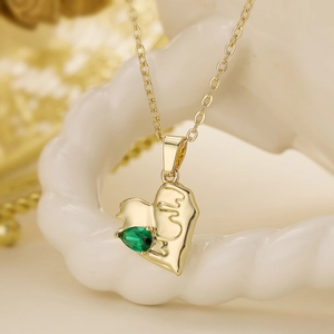Collier Pendentif Cœur Cuivre Zircon Vert Texture Métal Liquide Plaqué Or Bijoux Mode Femmes