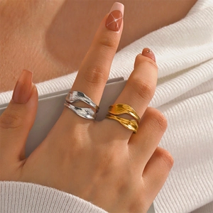 Irregular Wave Open Ring 18K Gold Plated Stainless Steel Adjustable French Retro Style Jewelry For Women