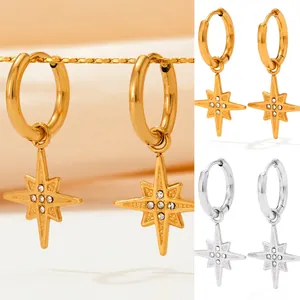 Eight-Pointed Star Hoop Earrings Stainless Steel With Zircon North Star Pendant Geometric Jewelry For Women