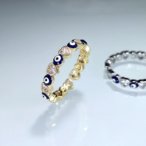 Golden evil eye and heart zirconia open ring featuring blue enamel and clear stones
