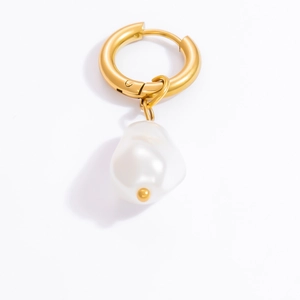 Detail of 18k gold stainless steel earring with a white baroque pearl pendant drop