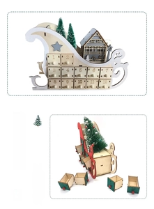Detailed view of wooden Christmas sleigh calendar with numbered drawers and mini trees