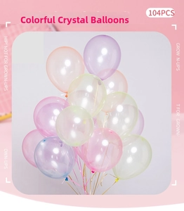 Detailed view of 104pcs transparent crystal balloons in assorted macaron pastel colors