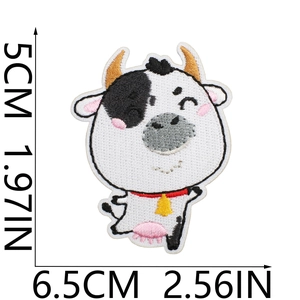 Detailed view of cute cow embroidered patch with dimensions 5CM height and 6.5CM width