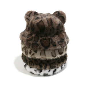 Plush faux fox fur bucket hats with leopard print and cute bear ears for winter warmth