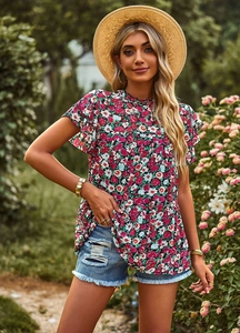 Detailed view of floral print top featuring elegant round neck and ruffle sleeves design