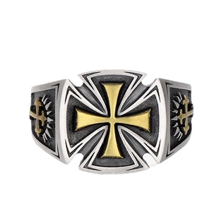 Retro men's silver and gold cross ring featuring a vintage religious iron cross design