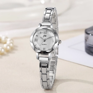 Elegant silver quartz watch for women featuring a floral bezel and white Roman numeral dial