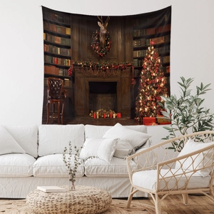 Detailed macro view of a vintage library tapestry featuring a cozy Christmas fireplace scene