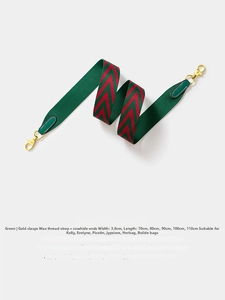 Detail of red and green V-pattern woven shoulder strap with gold hooks and leather ends