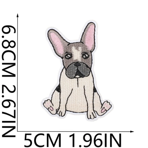 Close-up of French Bulldog embroidery patch showing precise dimensions and stitching details