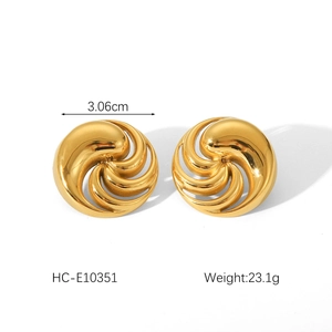 Detailed view of 18K gold stainless steel swirl earrings with 3.06cm size measurement