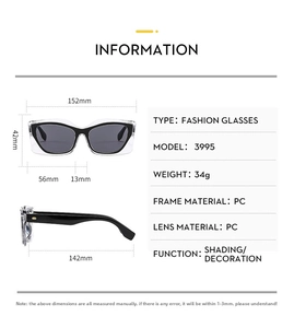 Detailed size chart for square color-block sunglasses showing frame dimensions and PC material