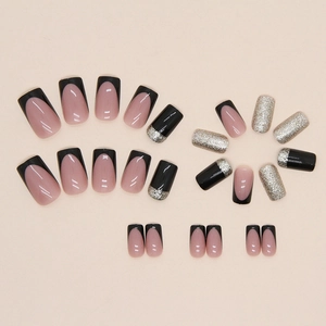 Long square fake nails with black French tips and sparkling silver glitter powder