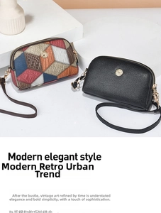 Detail view of stylish拼接 crossbody bags in vintage color-block and classic black leather
