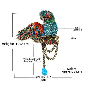 Detailed view of parrot brooch with colorful rhinestones and dimension markings
