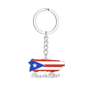 Detailed view of Puerto Rico flag enamel pendant on a silver stainless steel keychain