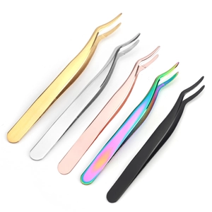 Five professional stainless steel eyelash tweezers in gold silver and rainbow finishes