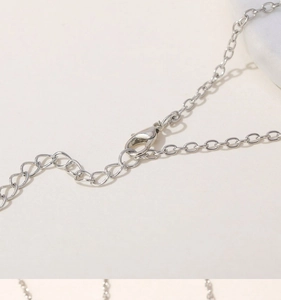Detail of silver metal chain featuring a lobster clasp and extension link for necklaces