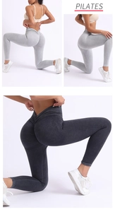 Dettaglio della vita alta a V e dell'effetto push-up sul legging da yoga grigio
