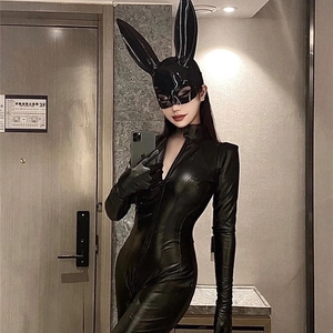 Sexy black faux leather bunny cosplay costume with bodysuit and matching rabbit ear mask