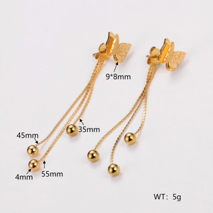 Boucles d'oreilles papillon dorées avec fines chaînes en cascade et petites billes en métal