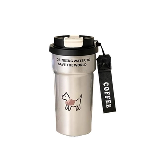 Tazza da caffè in acciaio inox con cane carino, cannuccia e cinturino portatile