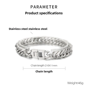 Detailed size specifications of silver stainless steel cuban link bracelet 210x11mm