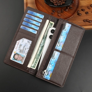 Deep brown pebble grain leather long wallet showing multi-slot interior and phone compartment