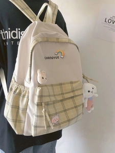 Minimalist beige and plaid school backpack with cute rabbit charm and embroidery